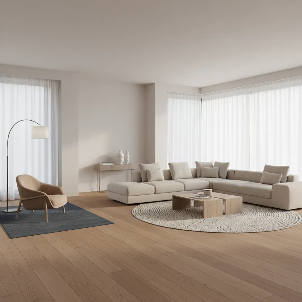 large living room divided into multiple functional zones using furniture and rugs