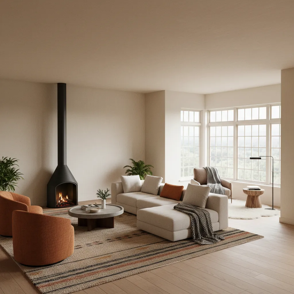 zoned layout in a large rectangular living room with separate seating areas