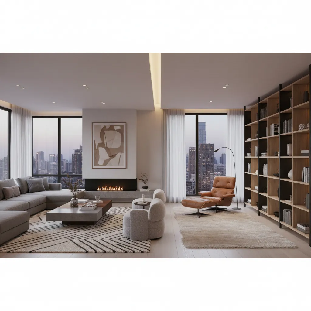 Large living room divided into seating area and reading nook with chair and bookshelf