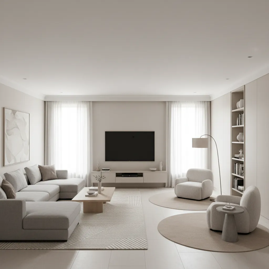 Long living room divided into seating and reading zones
