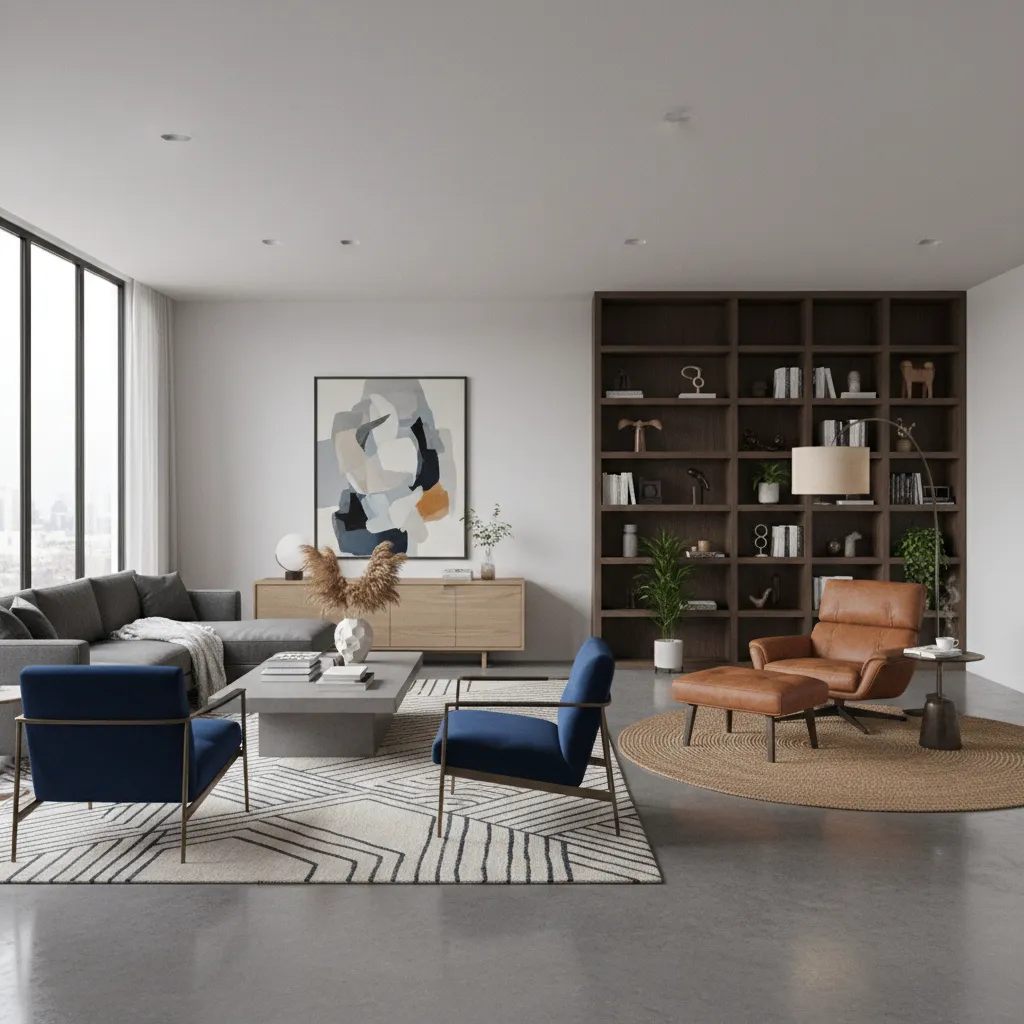 long narrow living room divided into two functional zones