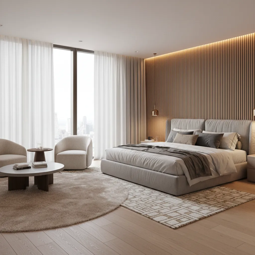 large bedroom divided into sleeping and seating zones with rug