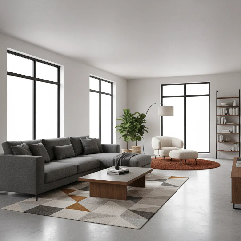 Zoned layout dividing a long narrow living room into two areas