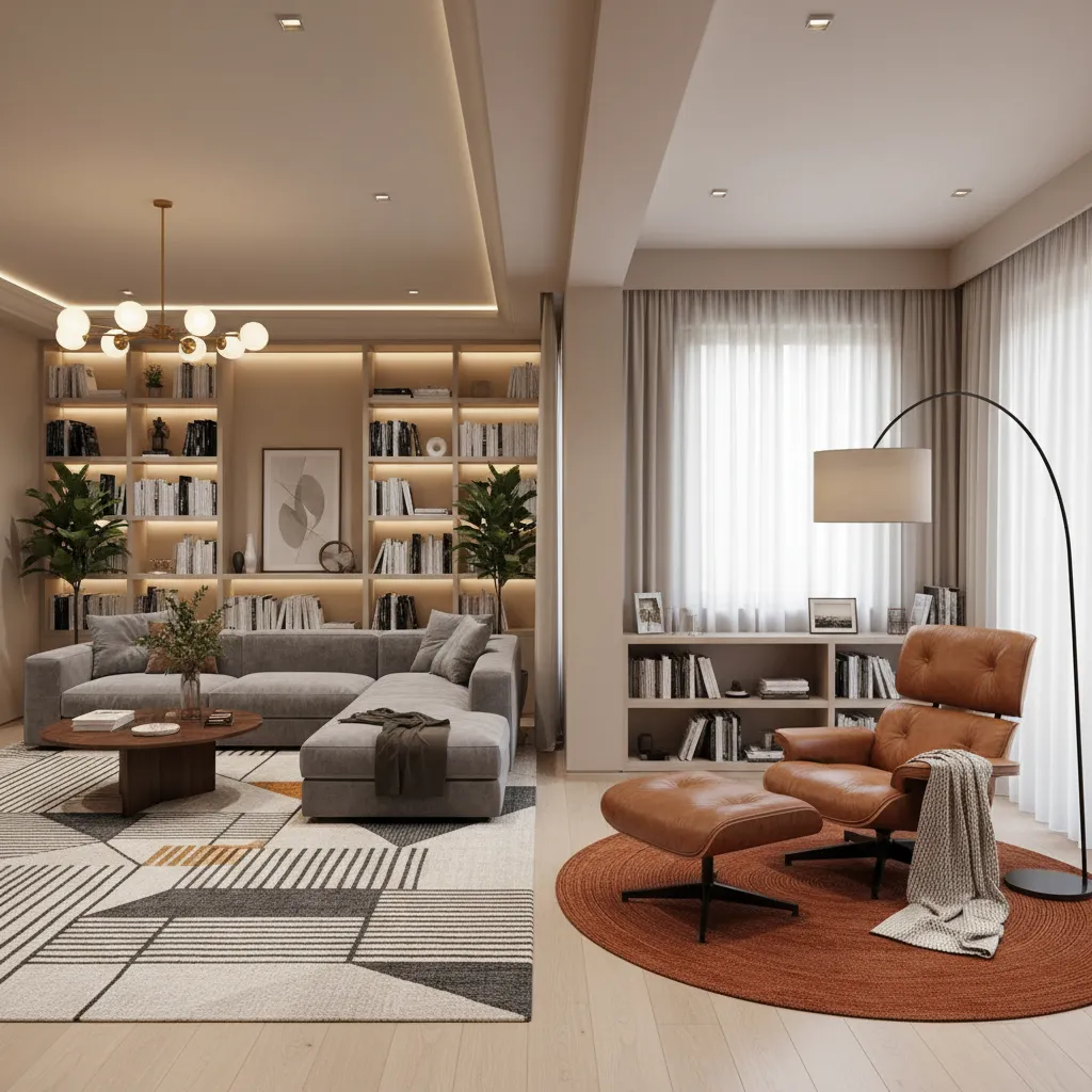 Narrow living room divided into seating area and reading nook