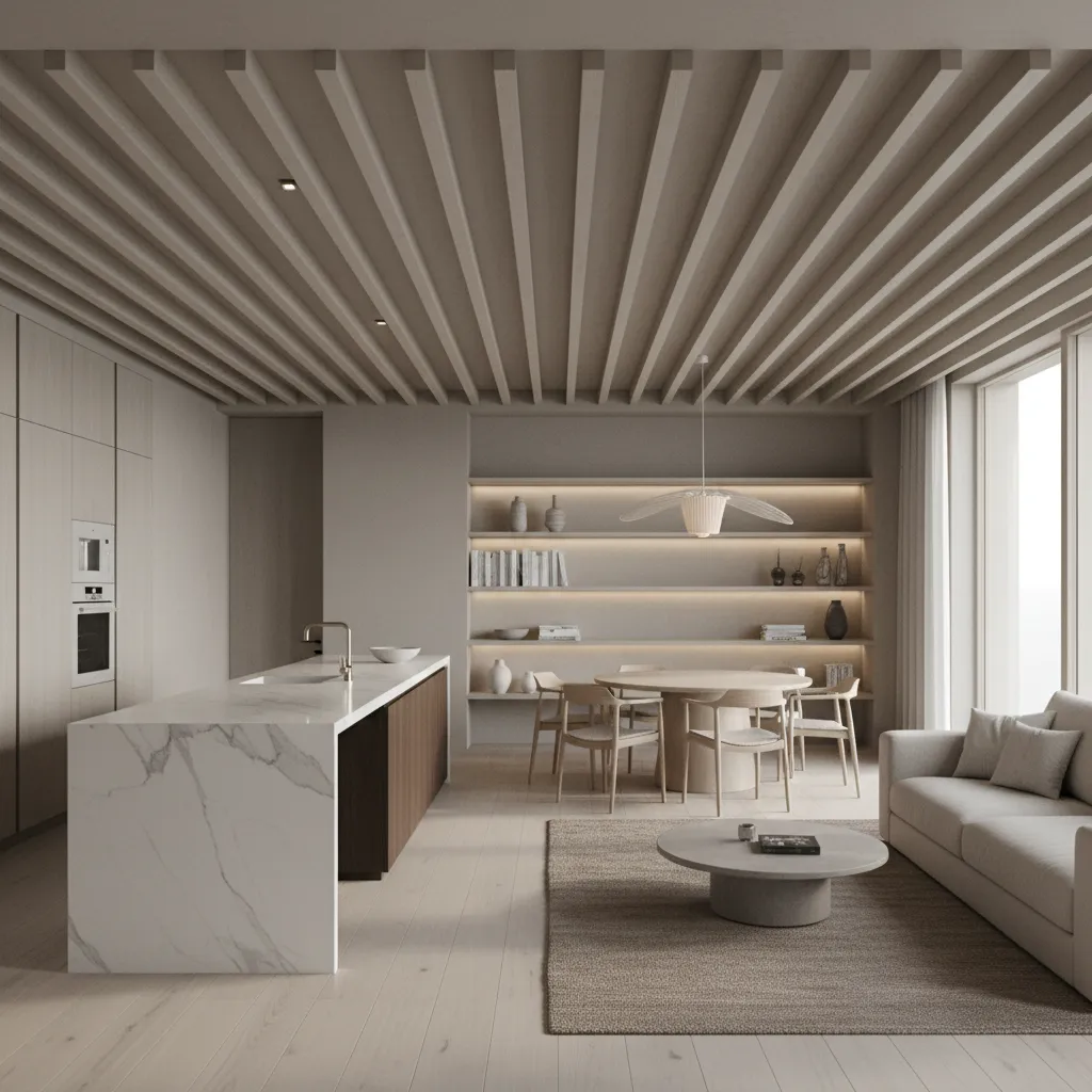 Zoned open floor plan separating kitchen dining and living areas