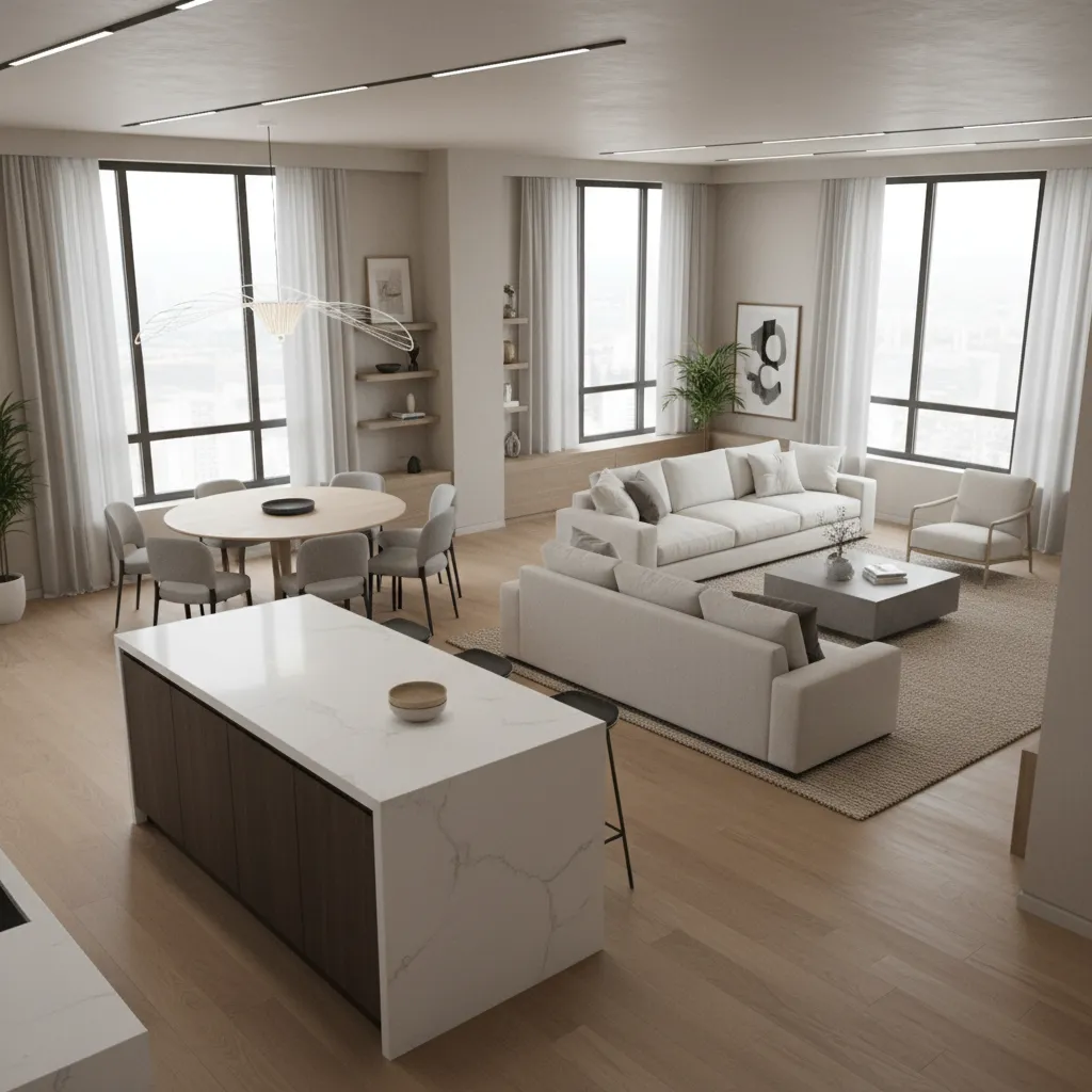 zoned open floor plan showing kitchen dining and living areas