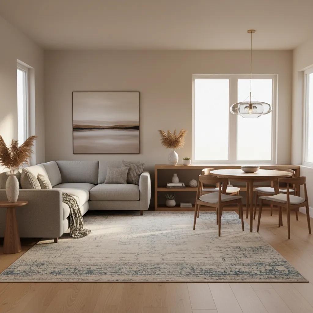 Small open floor plan living area defined by rug and lighting anchor