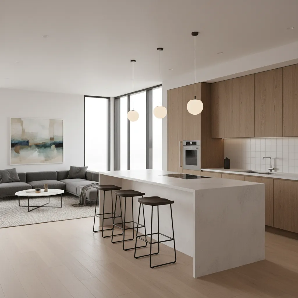 Kitchen island visually separating living and dining zones in modern home layout