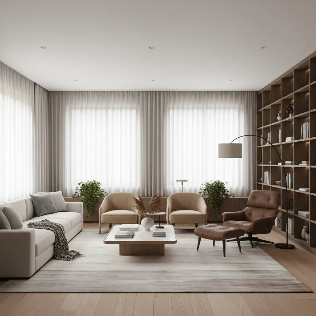 Rectangular living room divided into seating area and reading corner