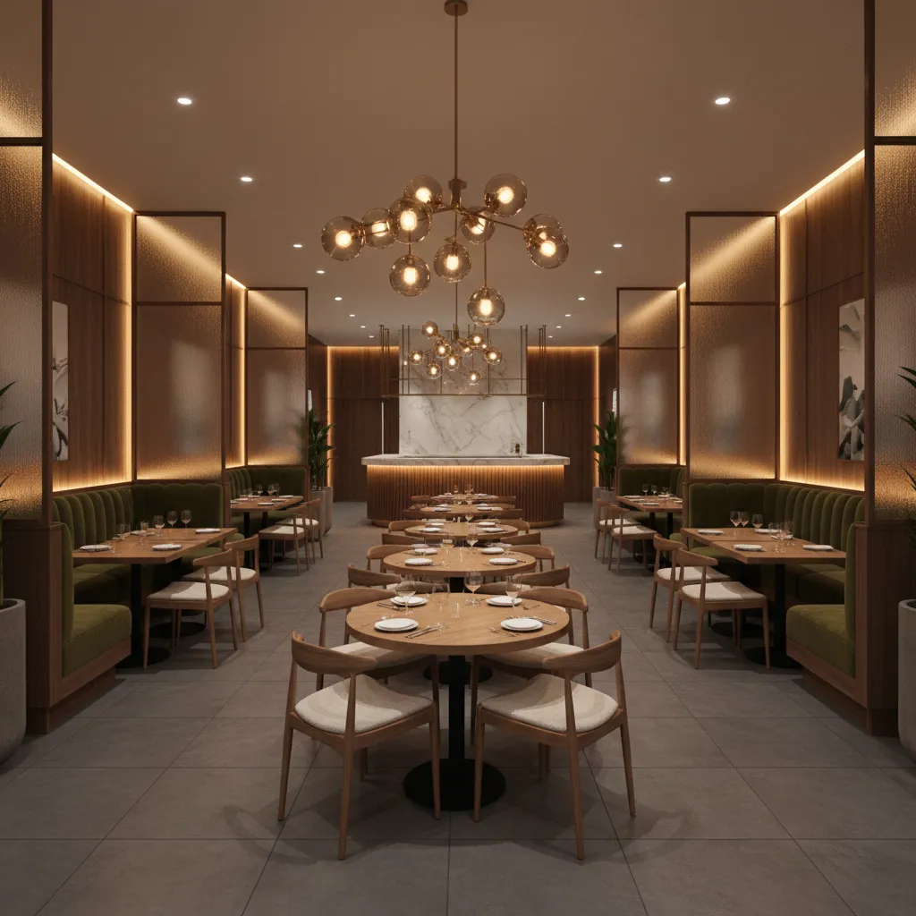 restaurant dining room divided into seating zones with booths and tables