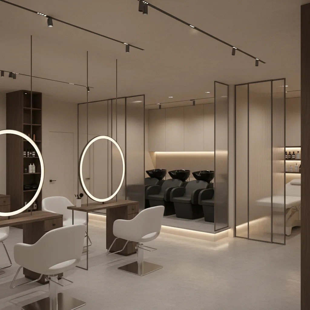 Salon interior divided into styling, washing, and treatment zones