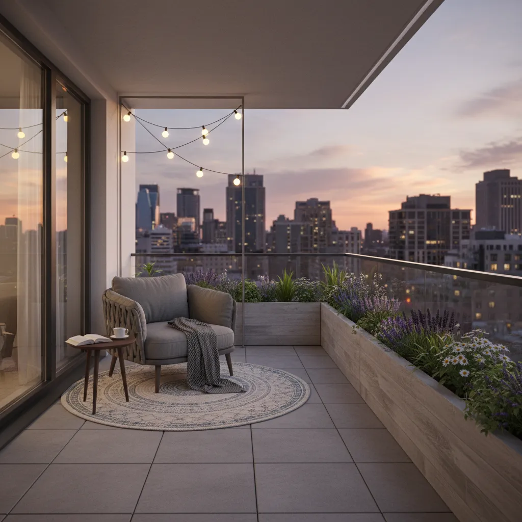small balcony divided into seating and plant zones