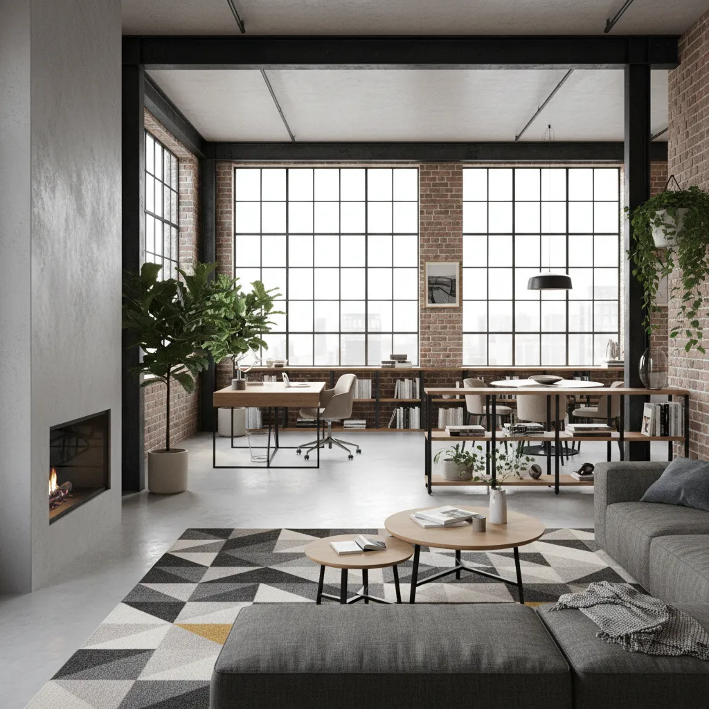 Open loft apartment with rug and shelving used to create living and workspace zones