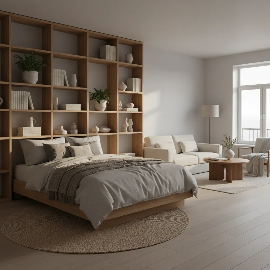 Studio apartment using shelving divider to separate sleeping and living space