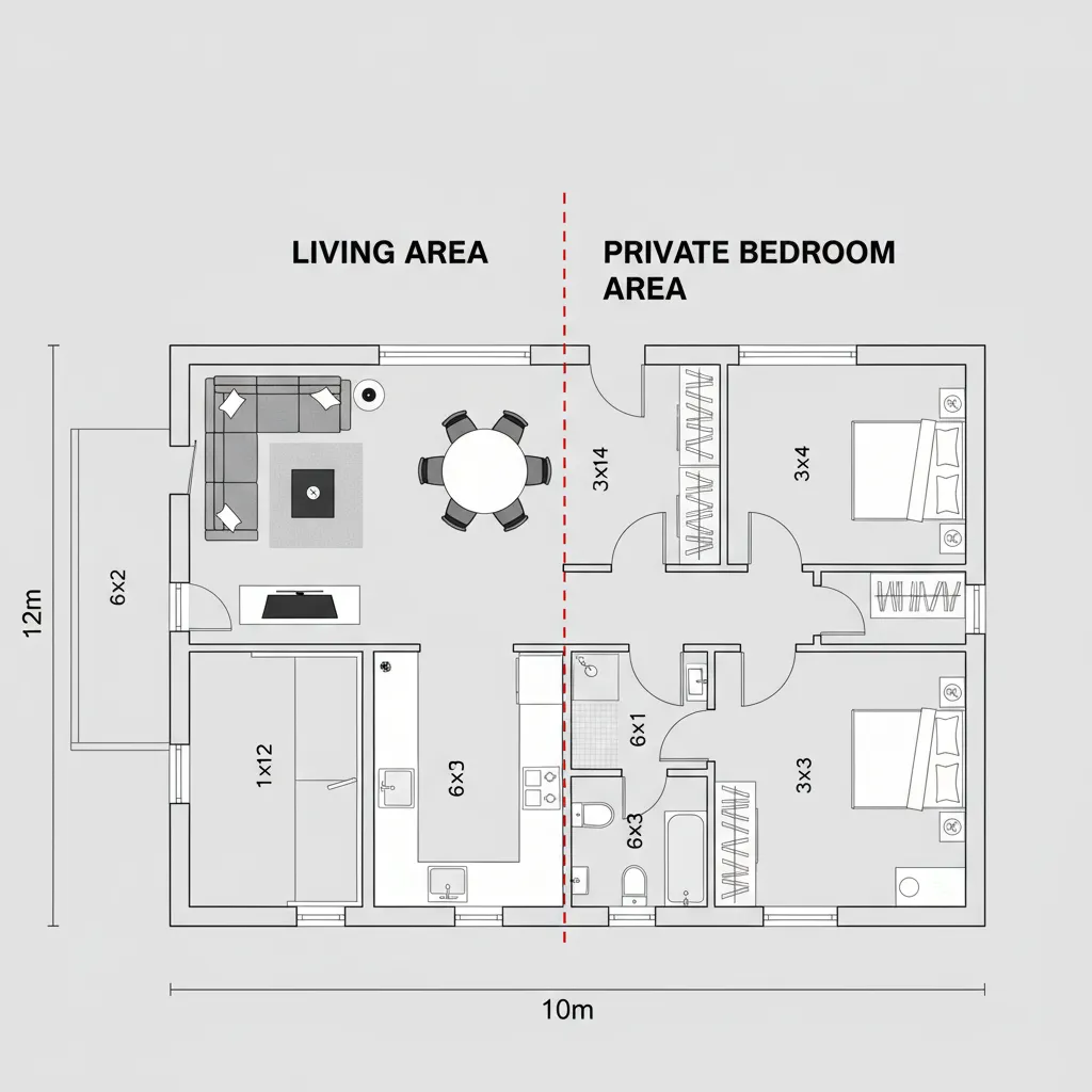 Diagrama de zonificación separando área social y privada en casa de 10x12