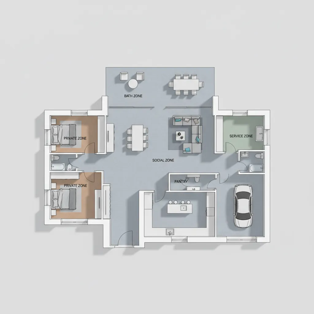 Color coded 2D floor plan layout showing private zones social areas service zone and garage