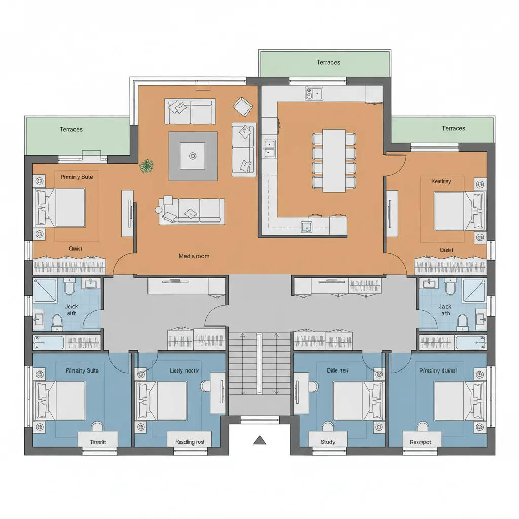 Zonificación interior de una casa con cinco dormitorios