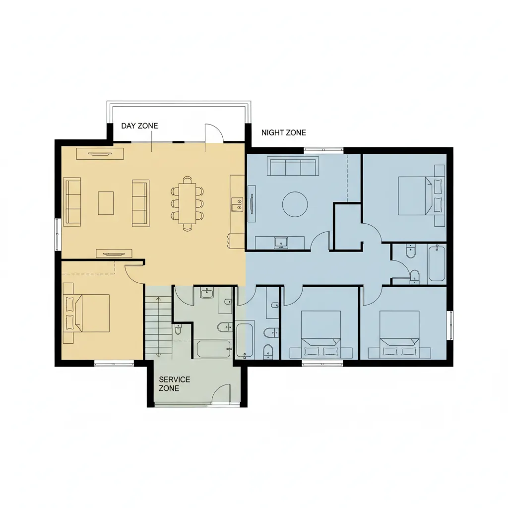 Diagrama de zonificación de vivienda con zonas de día y noche
