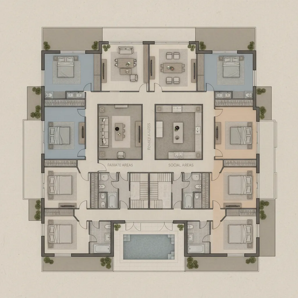 Plano arquitectónico mostrando la zonificación de una casa grande con áreas privadas y sociales