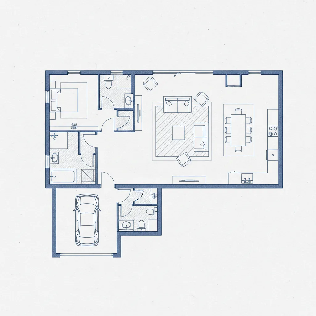 Plano de vivienda con zonas diferenciadas para área social, privada y servicios