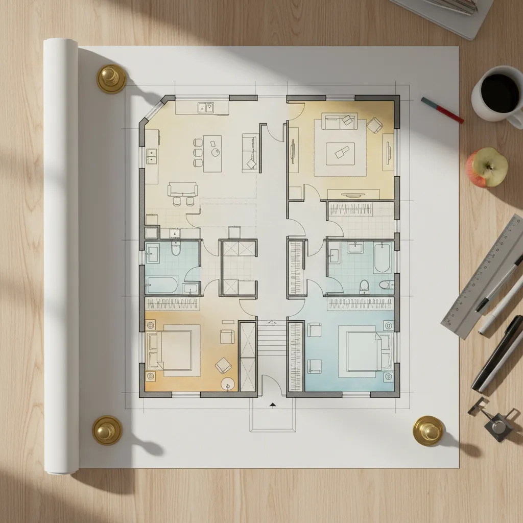 Plano de vivienda con zonas públicas y privadas marcadas