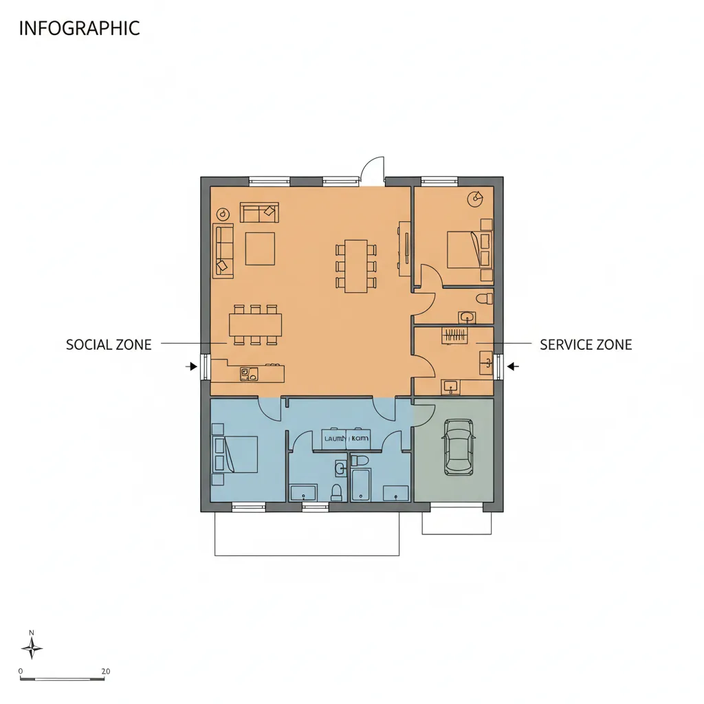 Diagrama de zonificación separando área social y privada en una casa