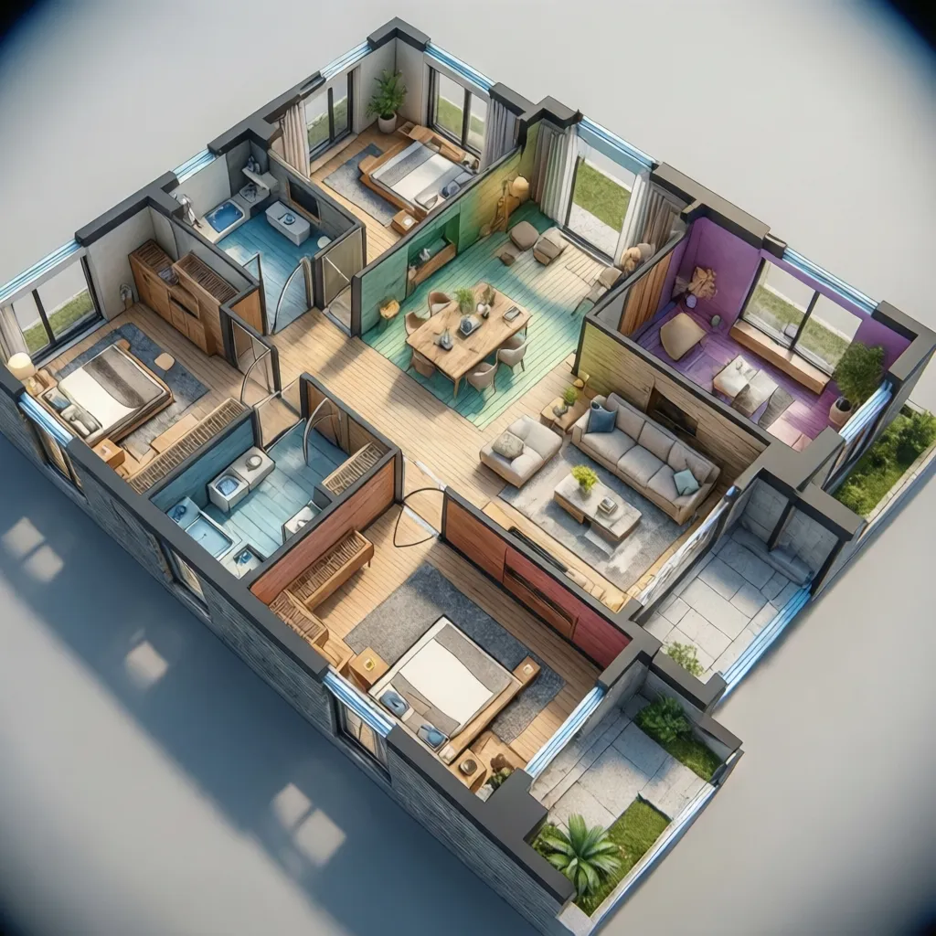 Plano de casa con zonas social, privada y funcional diferenciadas por colores