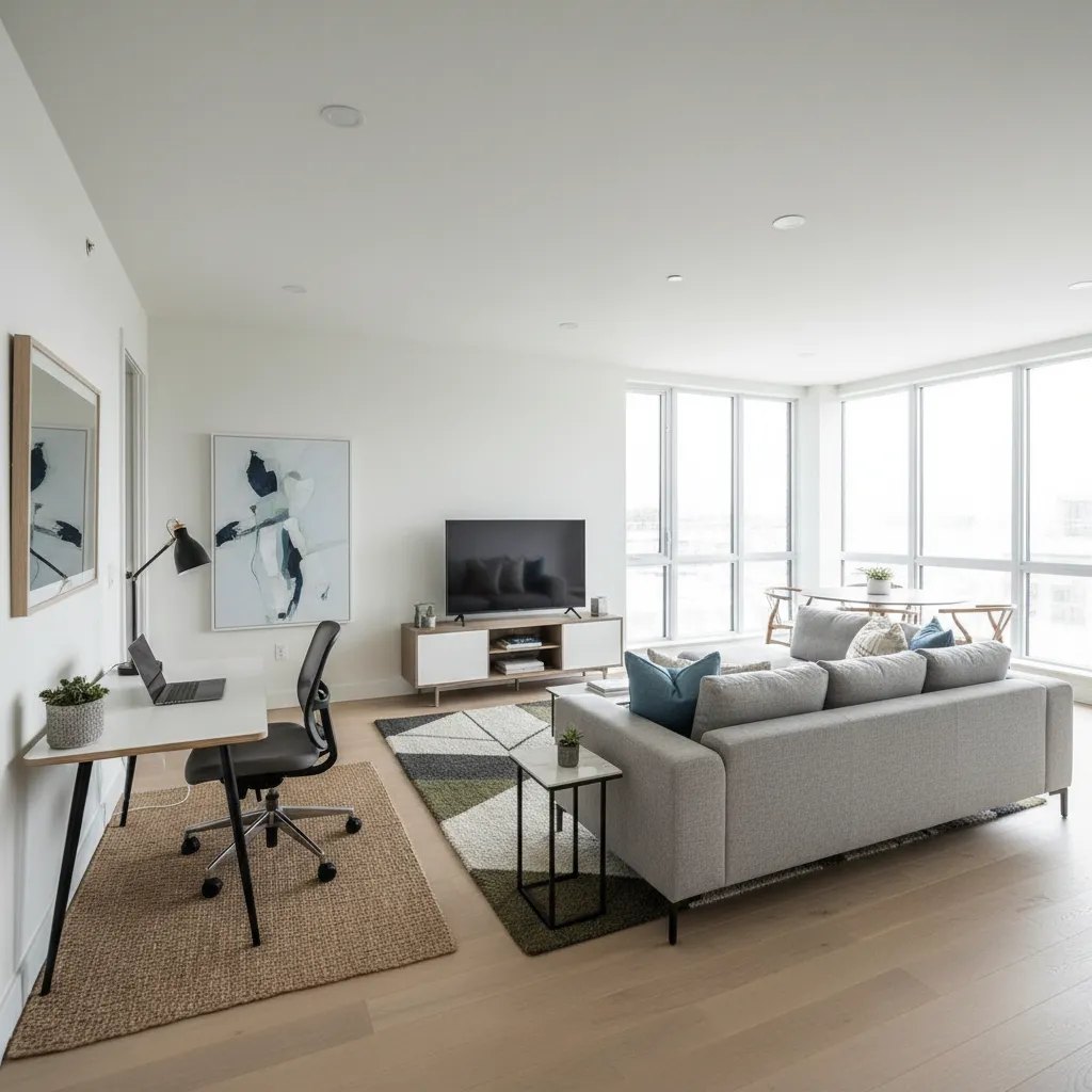 Open plan living room with grey sofa, patterned rug, television cabinet, and white office desk