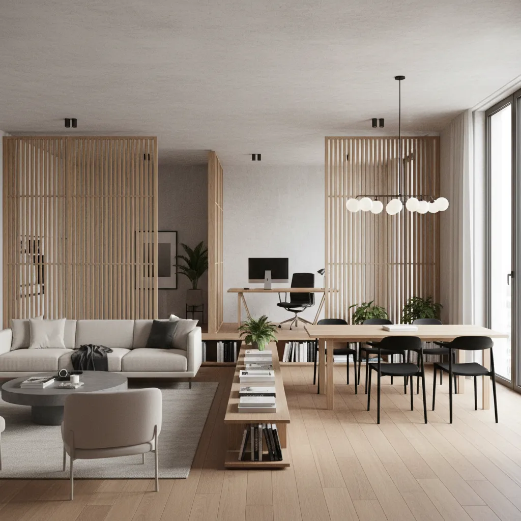 Diseño interior que muestra diferentes zonas separadas en un mismo espacio