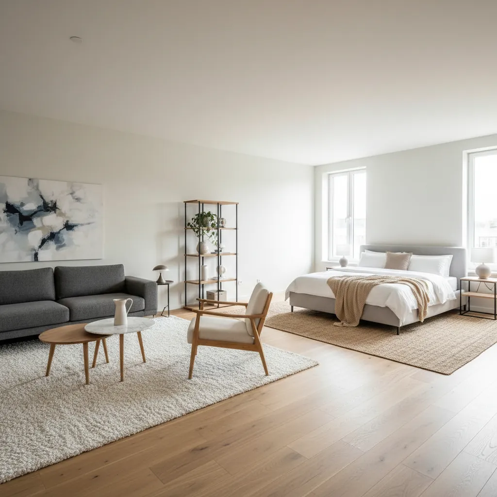 Distribución de un estudio grande con zonas marcadas por alfombras y muebles