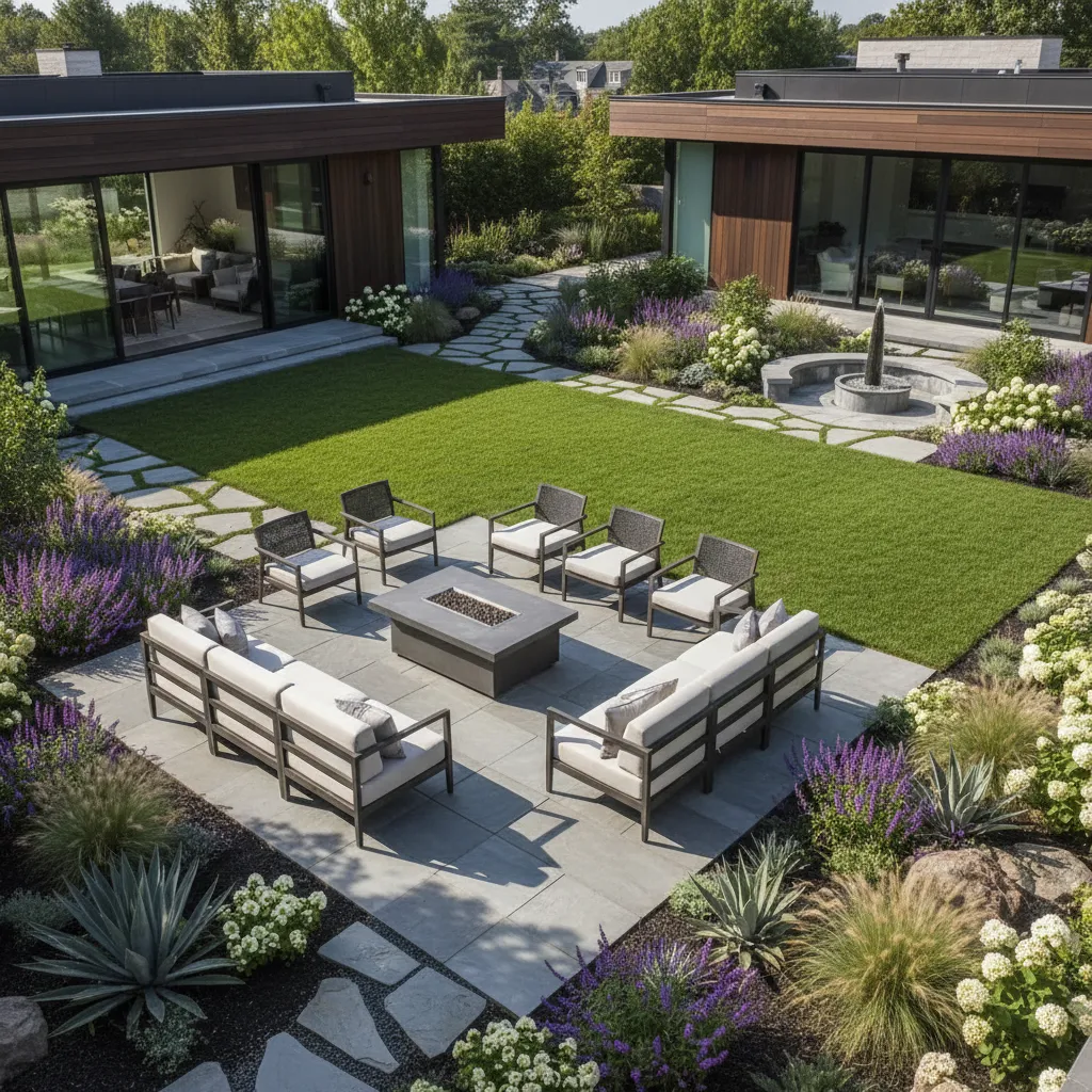 Distribución de zonas en un jardín residencial con área de descanso y vegetación