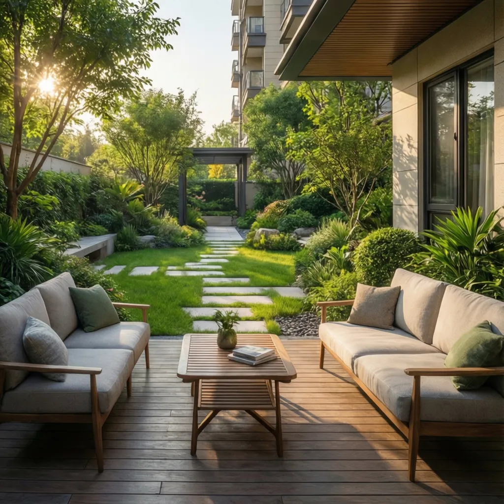 Jardín residencial dividido en zonas de descanso, paso y vegetación