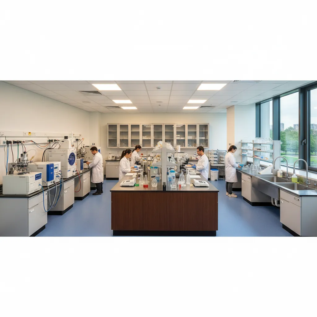 Laboratorio dividido en zonas de trabajo, equipos y almacenamiento