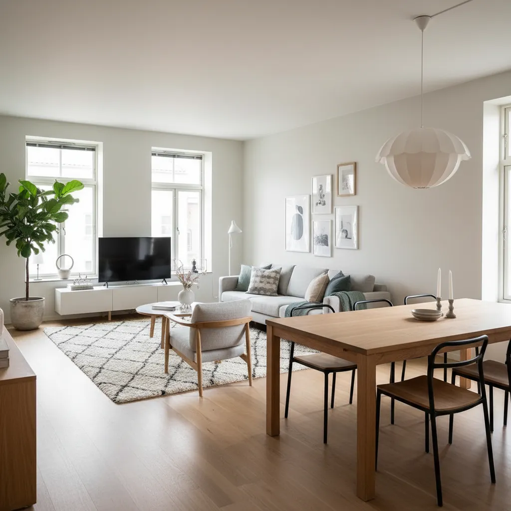 Bright modern living room with grey sofa wooden dining table black chairs white patterned rug