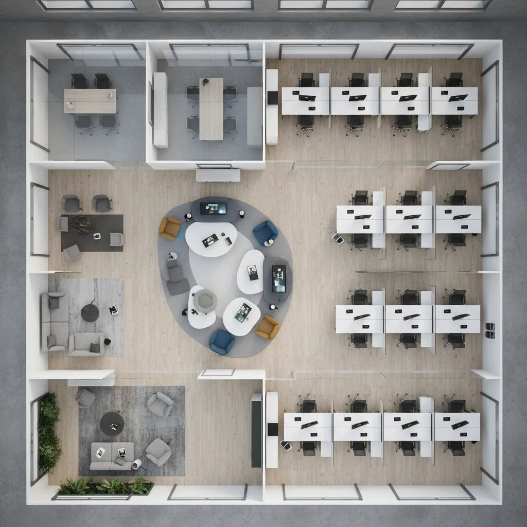 Plano conceptual mostrando diferentes zonas de una oficina moderna