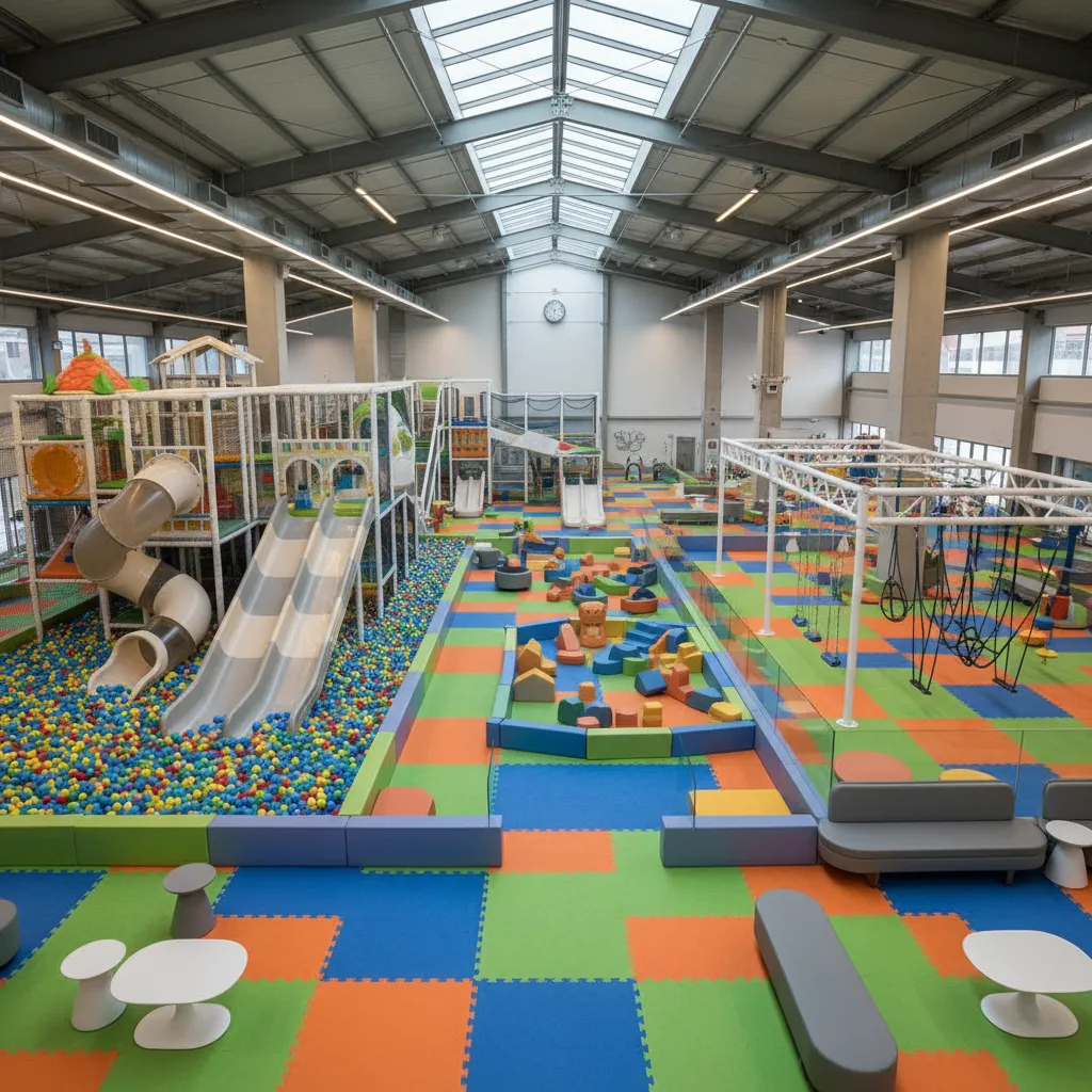 Zona de juegos infantil interior con diferentes áreas conectadas