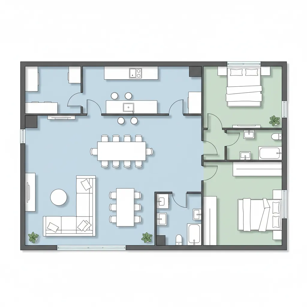 Plano de casa mostrando separación entre zona social y zona privada