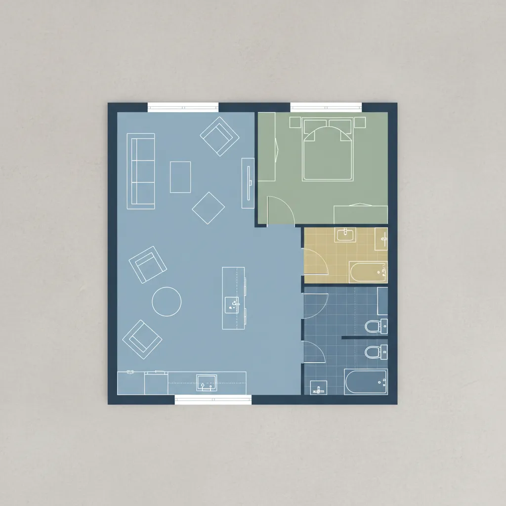 Plano de casa dividido en zonas funcionales como área social, privada y de servicio