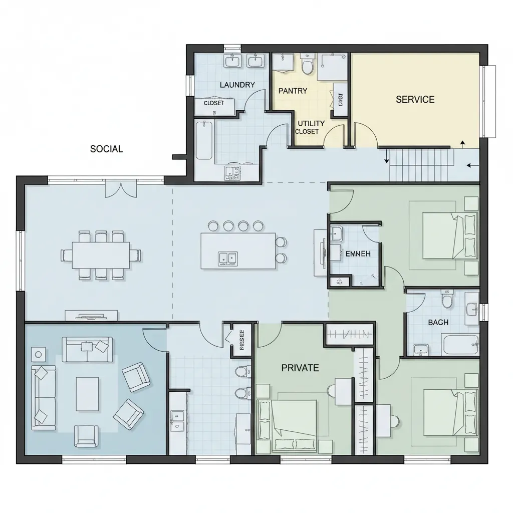 Plano de casa con zonas marcadas para área social, privada y de servicio