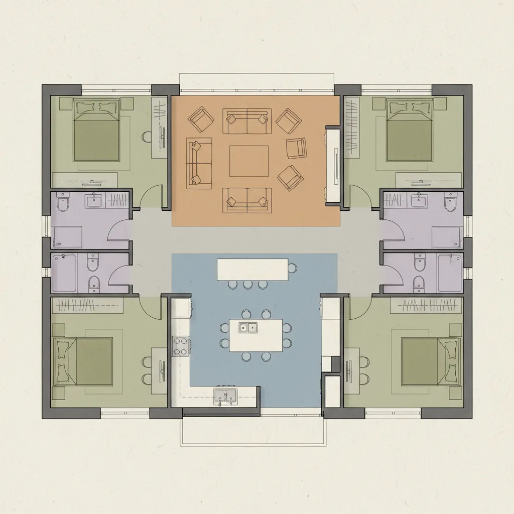 Plano de casa mostrando zonificación entre área social y privada