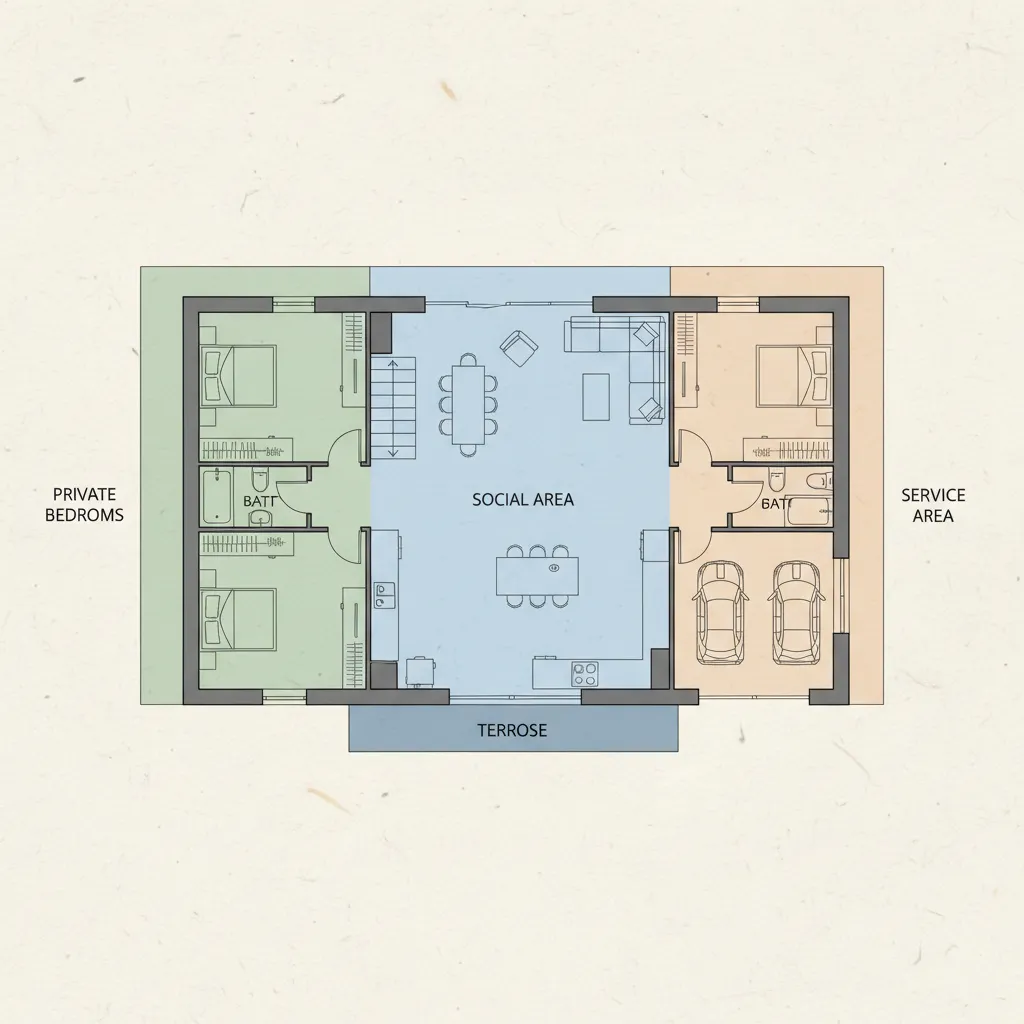 Plano de casa mostrando zonas social privada y de servicio