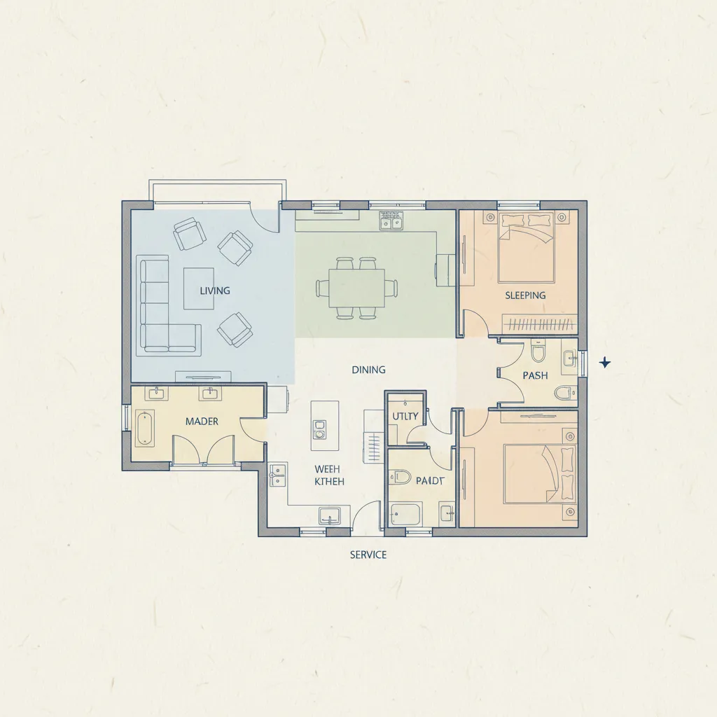 Plano de casa con zonificación de áreas sociales y privadas