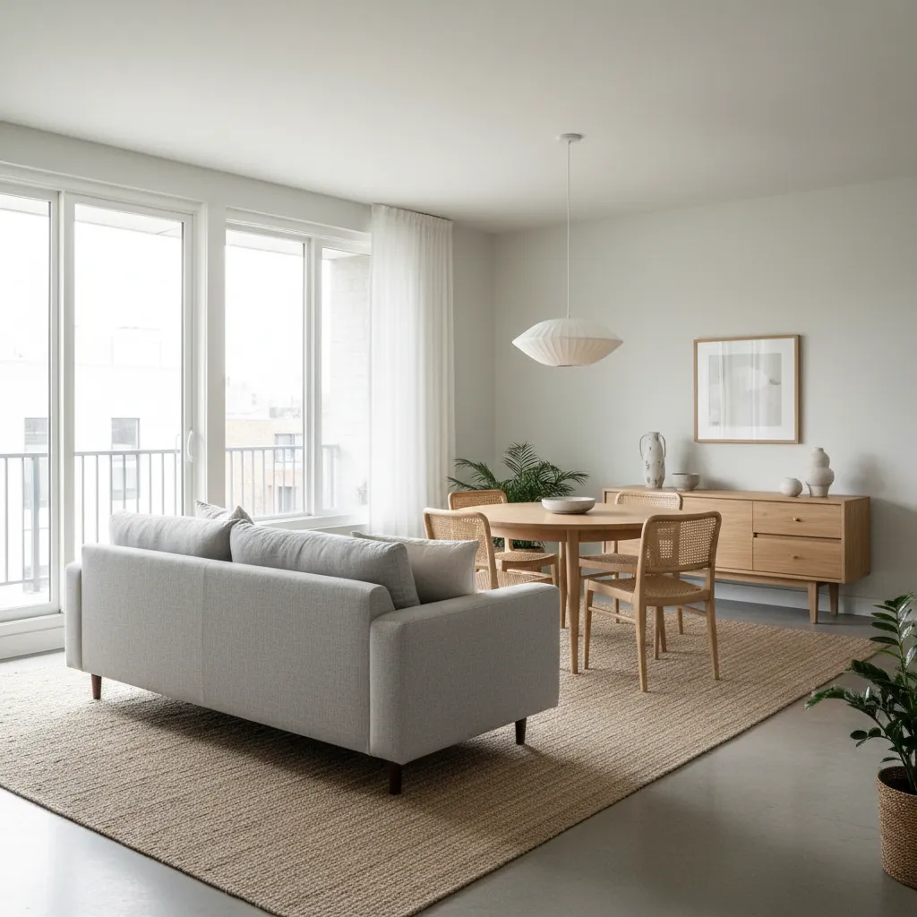 Sala y comedor divididos visualmente con alfombra y sofá