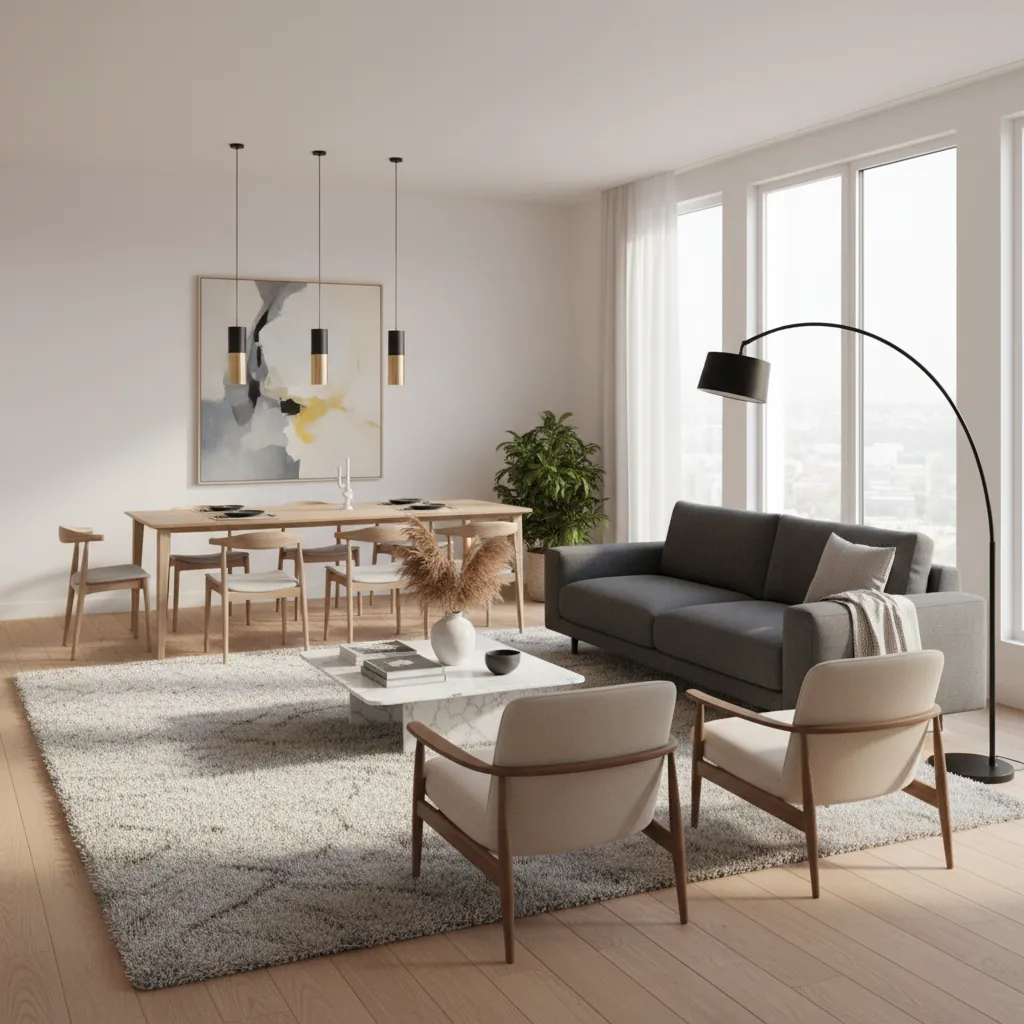 Modern living room with grey sofa wooden dining table ceiling light floor lamp and art