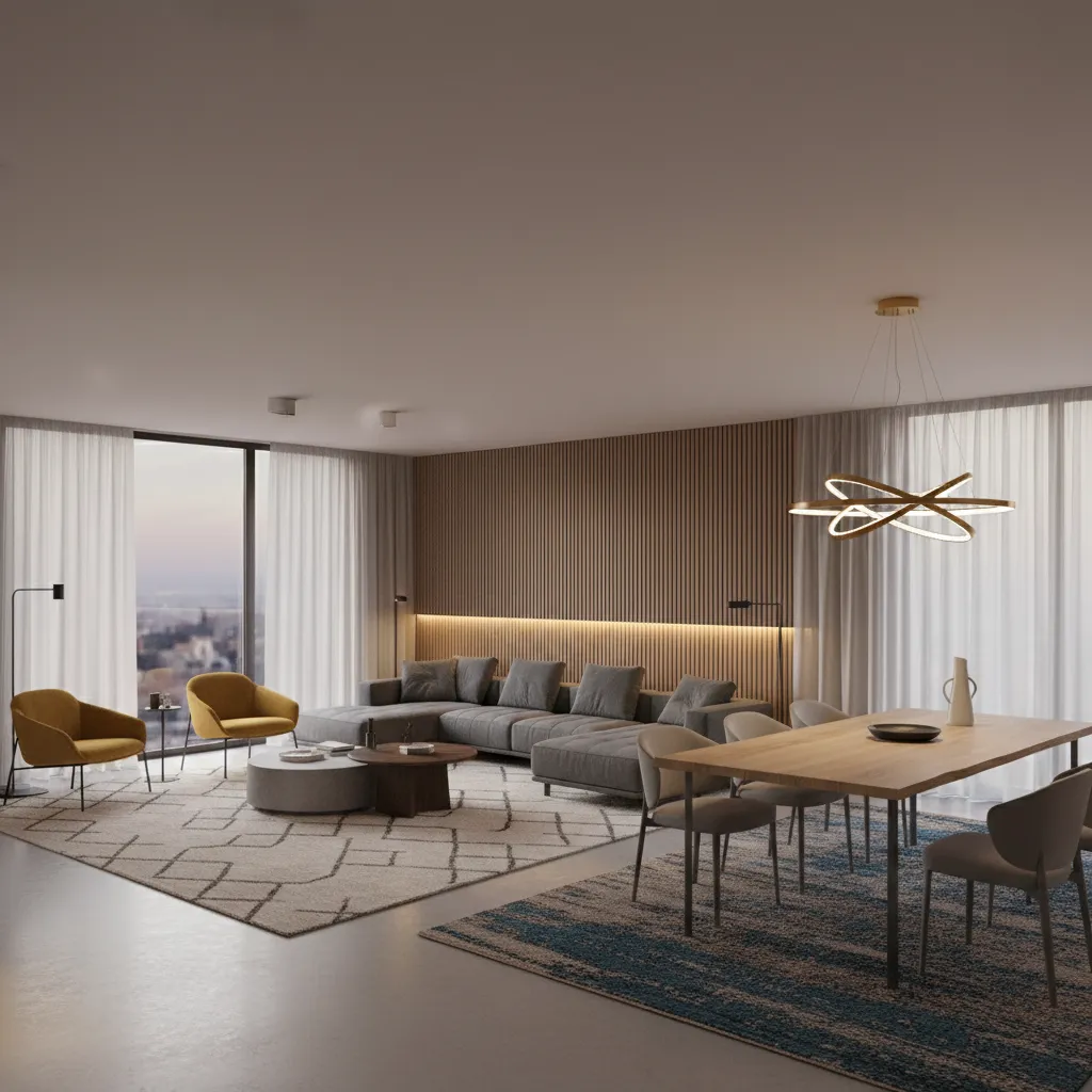 Living dining room divided visually using rug and furniture placement