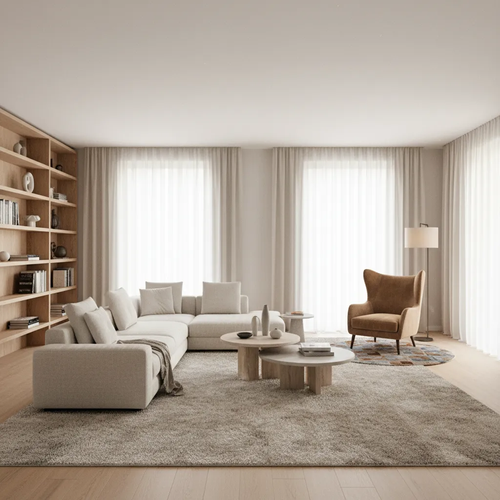 Salón dividido en zonas mediante alfombras y mobiliario