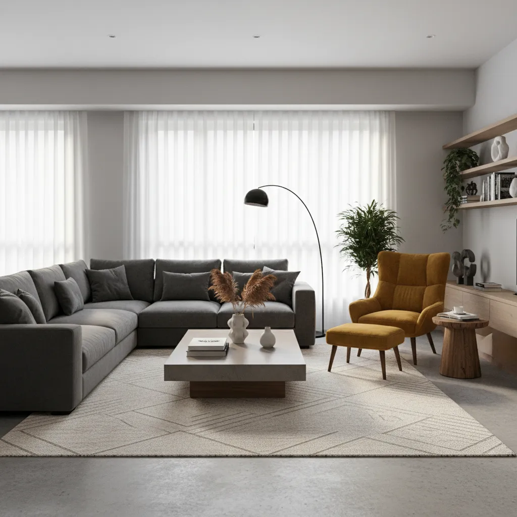 Salón con sofá, mesa de centro y zona de lectura claramente separadas