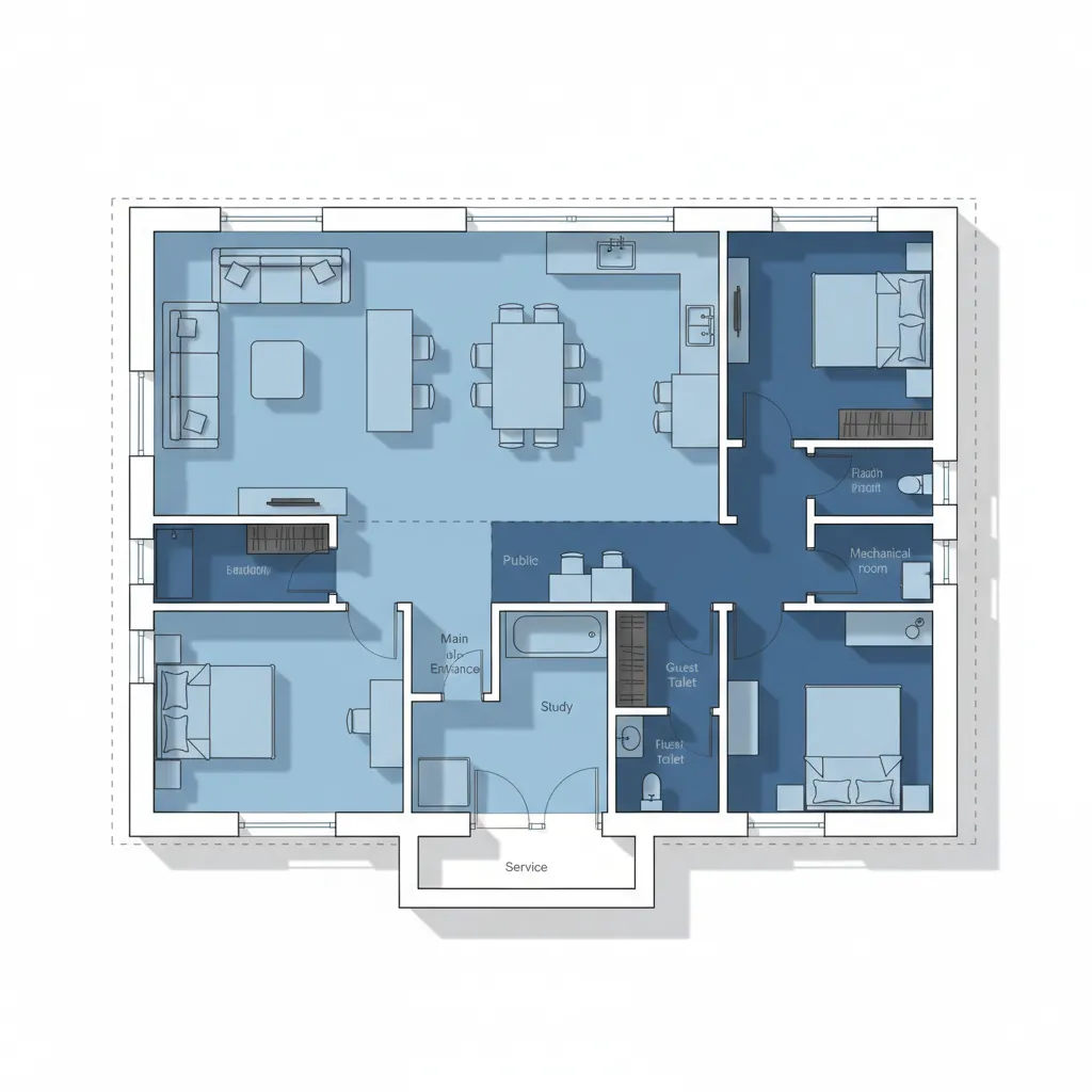 Diagram zonasi ruang rumah ukuran 10x10