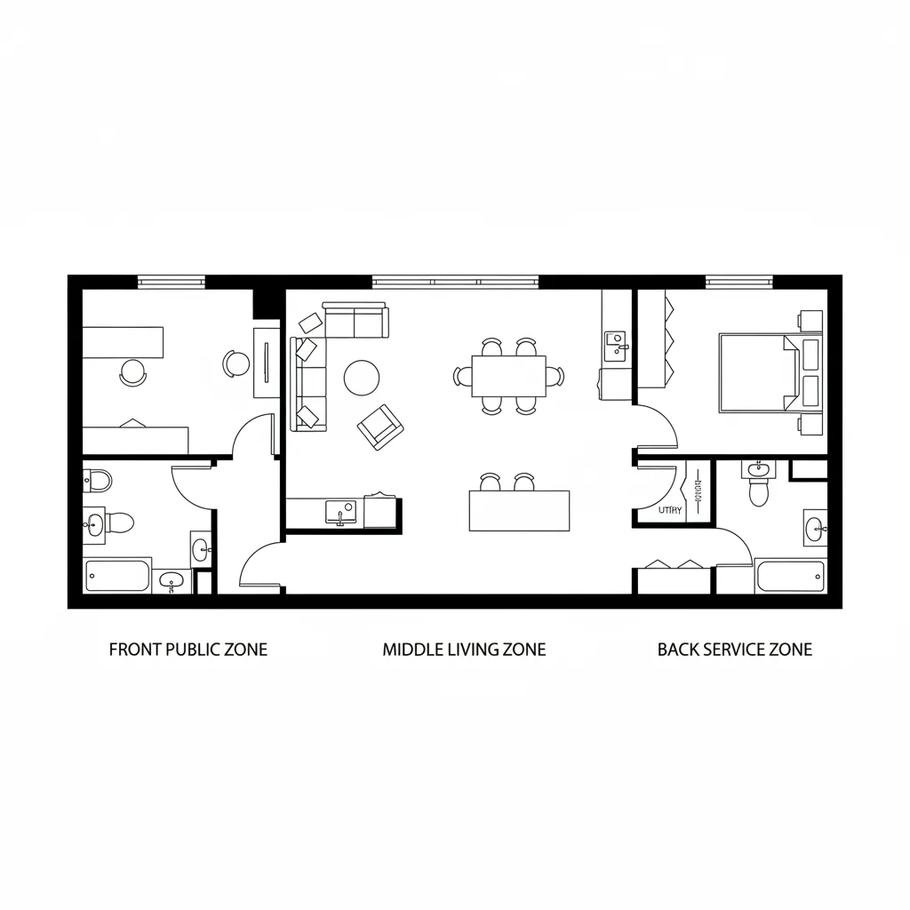 Simple 2D floor plan layout showing labeled public living and service zones for a house