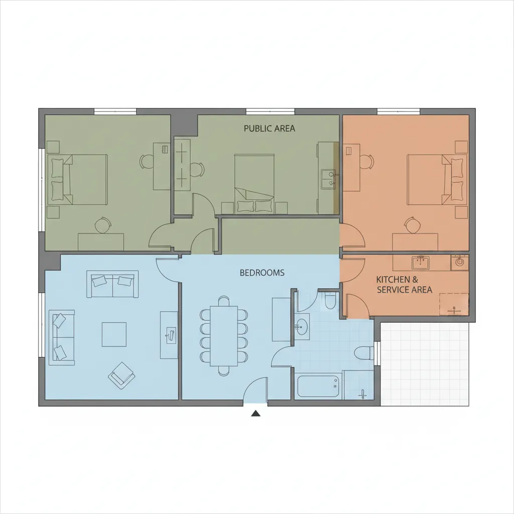 Colorful 2D floor plan drawing showing specific zones for bedrooms kitchen and a living area